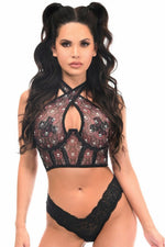 Lavish Pink & White Skull Mesh Underwire Cincher w/Built In Halter Top-Daisy Corsets