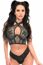 Lavish Green Skulls Print Mesh Underwire Cincher w/Built In Halter Top-Daisy Corsets