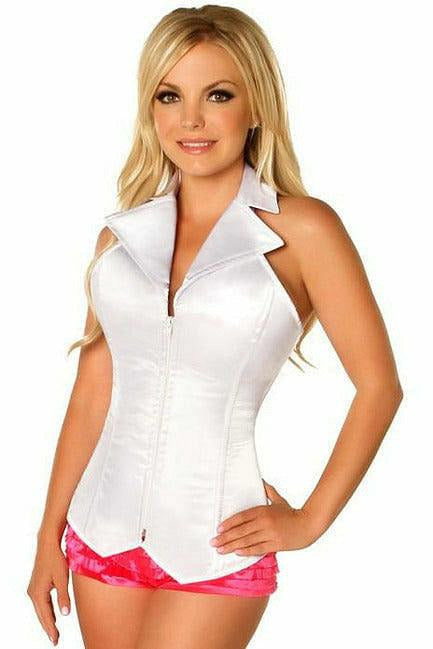 Lavish White Collared Front Zipper Corset-Daisy Corsets