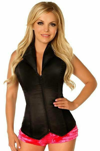 Lavish Black Collared Front Zipper Corset-Daisy Corsets