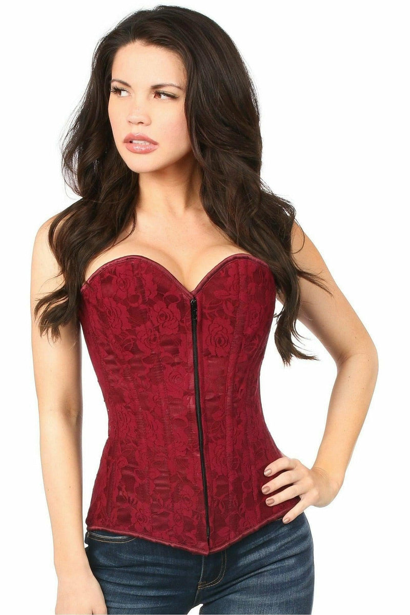 Lavish Wine Lace Overbust Corset w/Zipper-Daisy Corsets