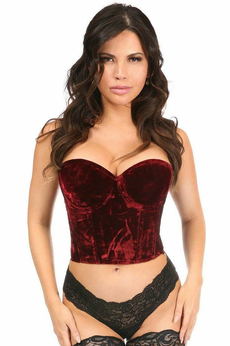 Lavish Dark Red Crushed Velvet Underwire Bustier-Daisy Corsets