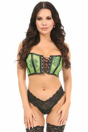 Lavish Neon Green Fishnet & Faux Leather Lace-Up Short Bustier Top-Daisy Corsets