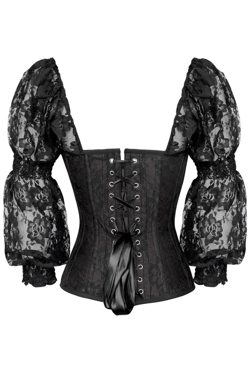 Top Drawer Black w/Black Lace Steel Boned Long Sleeve Corset-Daisy Corsets