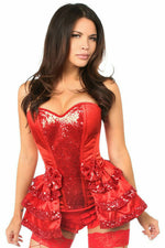 Top Drawer Red Satin & Sequin Steel Boned Corset w/Removable Snap Skirt-Daisy Corsets