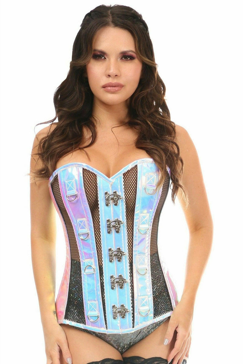 Top Drawer Blue/Purple Holo & Black Fishnet Steel Boned Over Bust Corset-Daisy Corsets