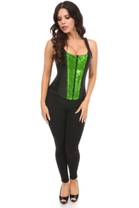 Top Drawer Black Satin & Green Sequin Steel Boned Corset w/Straps-Daisy Corsets