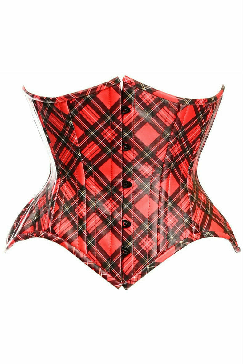 Top Drawer Red Plaid Faux Leather Double Steel Boned Curvy Cut Waist Cincher Corset-Daisy Corsets