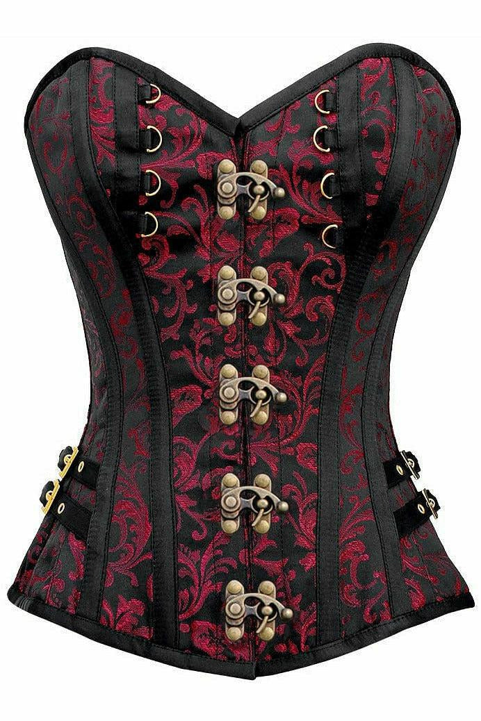 Top Drawer Black/Red Swirl Brocade Steel Boned Overbust Corset w/Buckles-Daisy Corsets