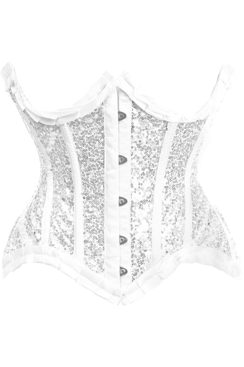 Top Drawer White/Silver Satin & Sequin Underwire Curvy Cut Steel Boned Waist Cincher Corset-Daisy Corsets