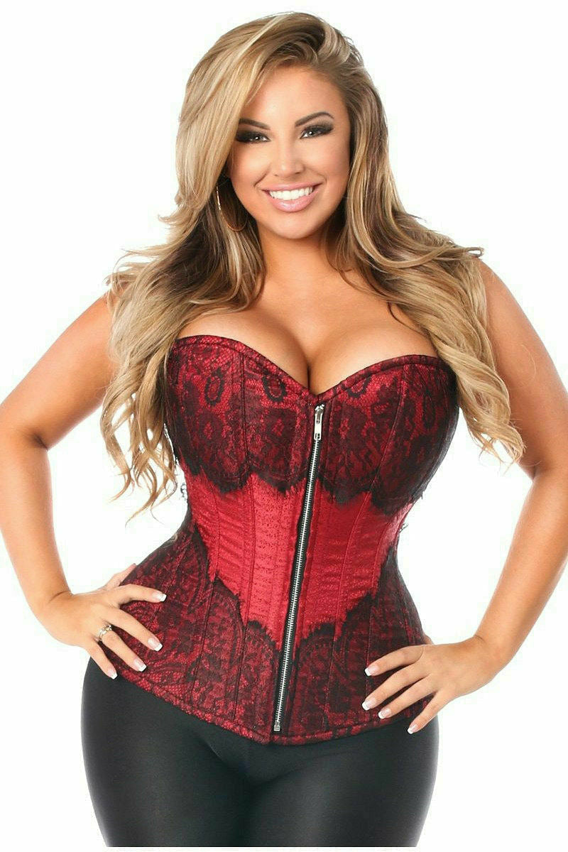 Top Drawer Wine Brocade Steel Boned Corset w/Black Eyelash Lace-Daisy Corsets