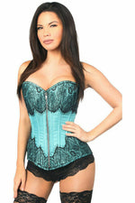 Top Drawer Teal Brocade Steel Boned Corset w/Black Eyelash Lace-Daisy Corsets