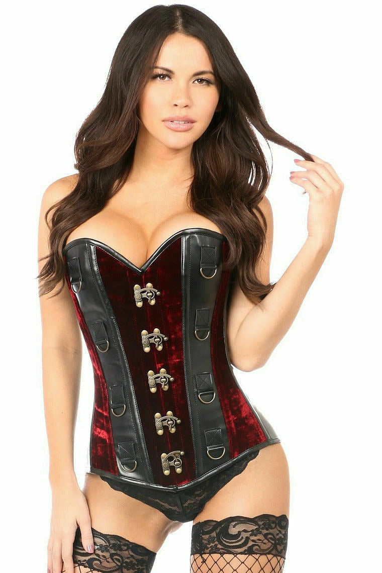 Top Drawer Red Velvet & Faux Leather Steel Boned Corset-Daisy Corsets